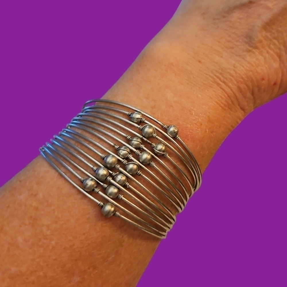 Silvertone Stacked Beaded Slinky Castlecore Cuff Bracelet